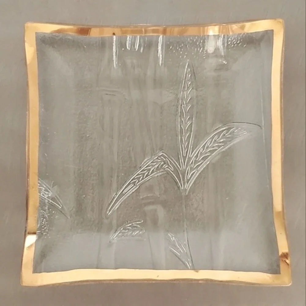 Vintage Mid Century Bamboo Gold Trimmed Art Glass Trinket Dish Plate - Signed